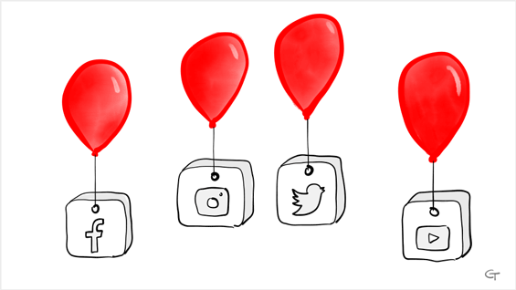 Social Media Icons an roten Ballons